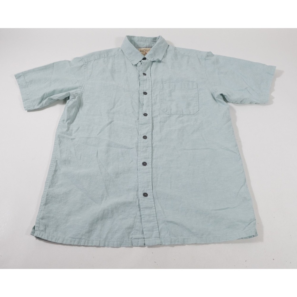Redhead Button Down Women L Blue Linen Blend Short Sleeve Casual Pocket Shirt